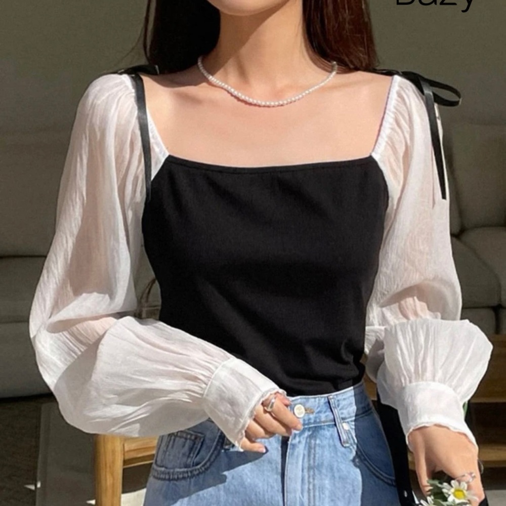 Black and White Two-toned Square Neck Lantern Sleeve Longsleeve